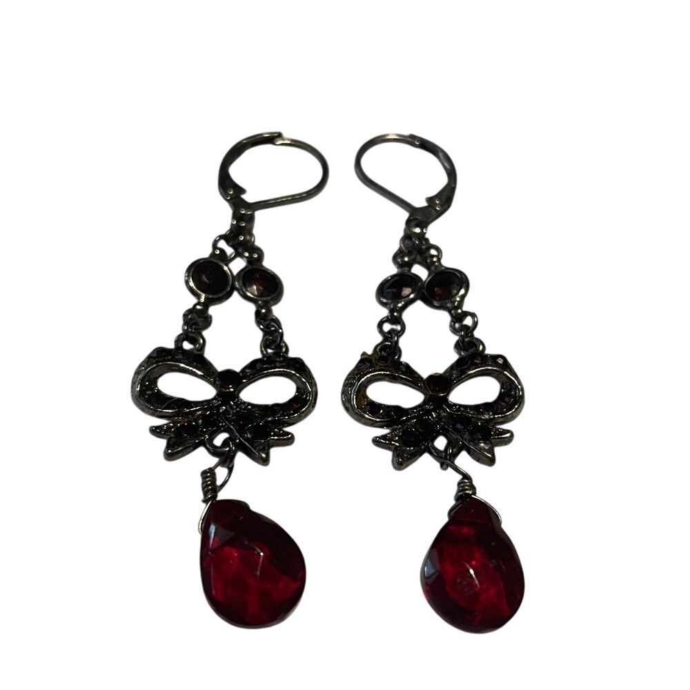 Dangle Earrings Red Teardrop Bow Leverback‎ Costume Jewelry